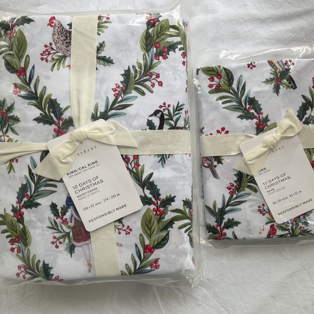 NWT Pottery Barn 12 Days of Christmas King / Cal King Duvet Cover & 1 King Sham